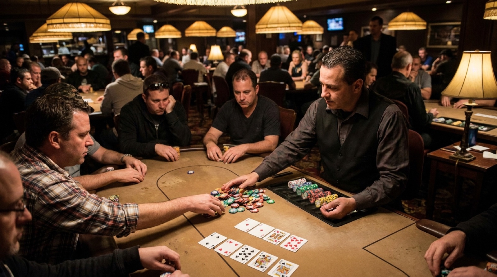 Split-pot poker hand with two boards and chips in the middle