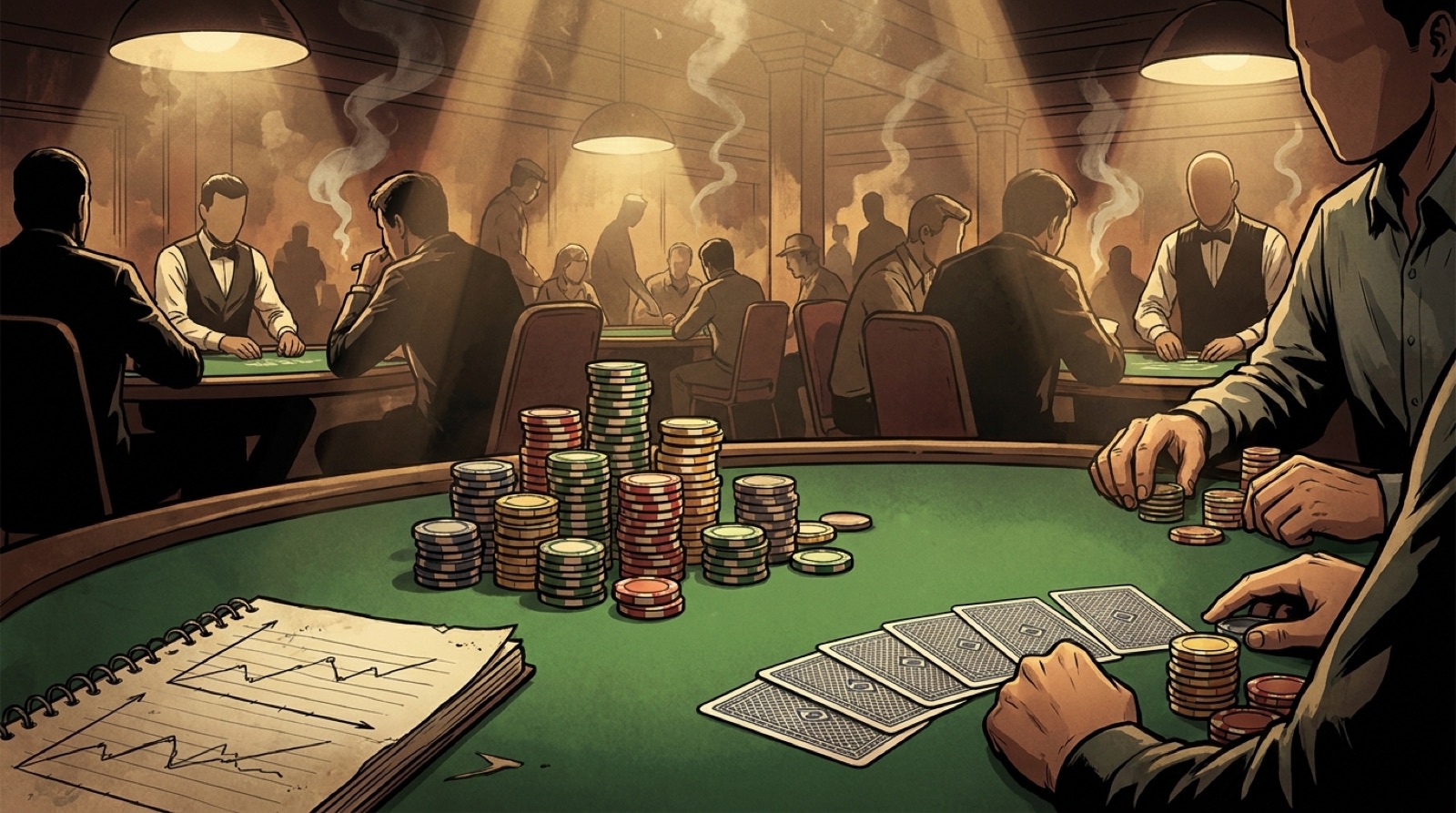 Six-card Omaha table with deep chip stacks and bankroll notes