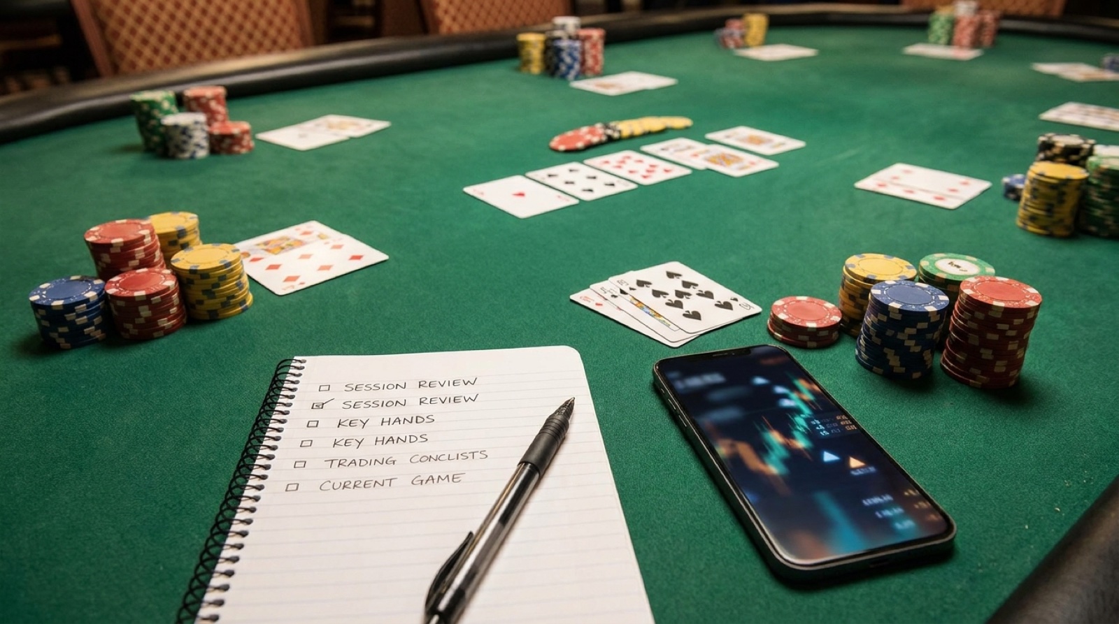 Live poker chips, cards, and a session review checklist on a poker table