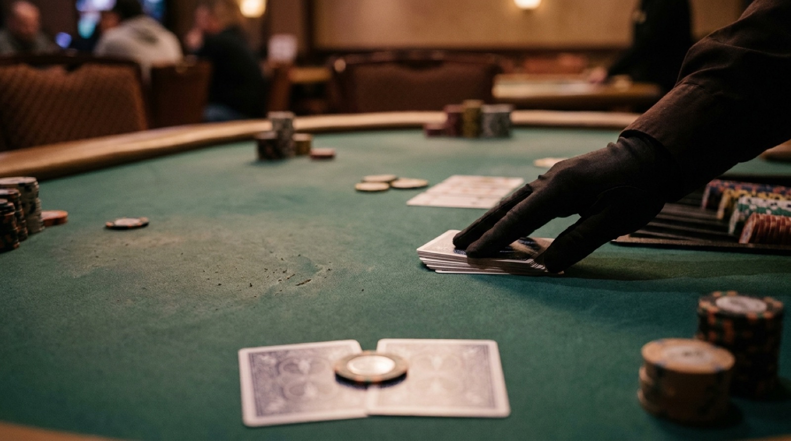 A protected poker hand with a dealer correcting the muck at a live table
