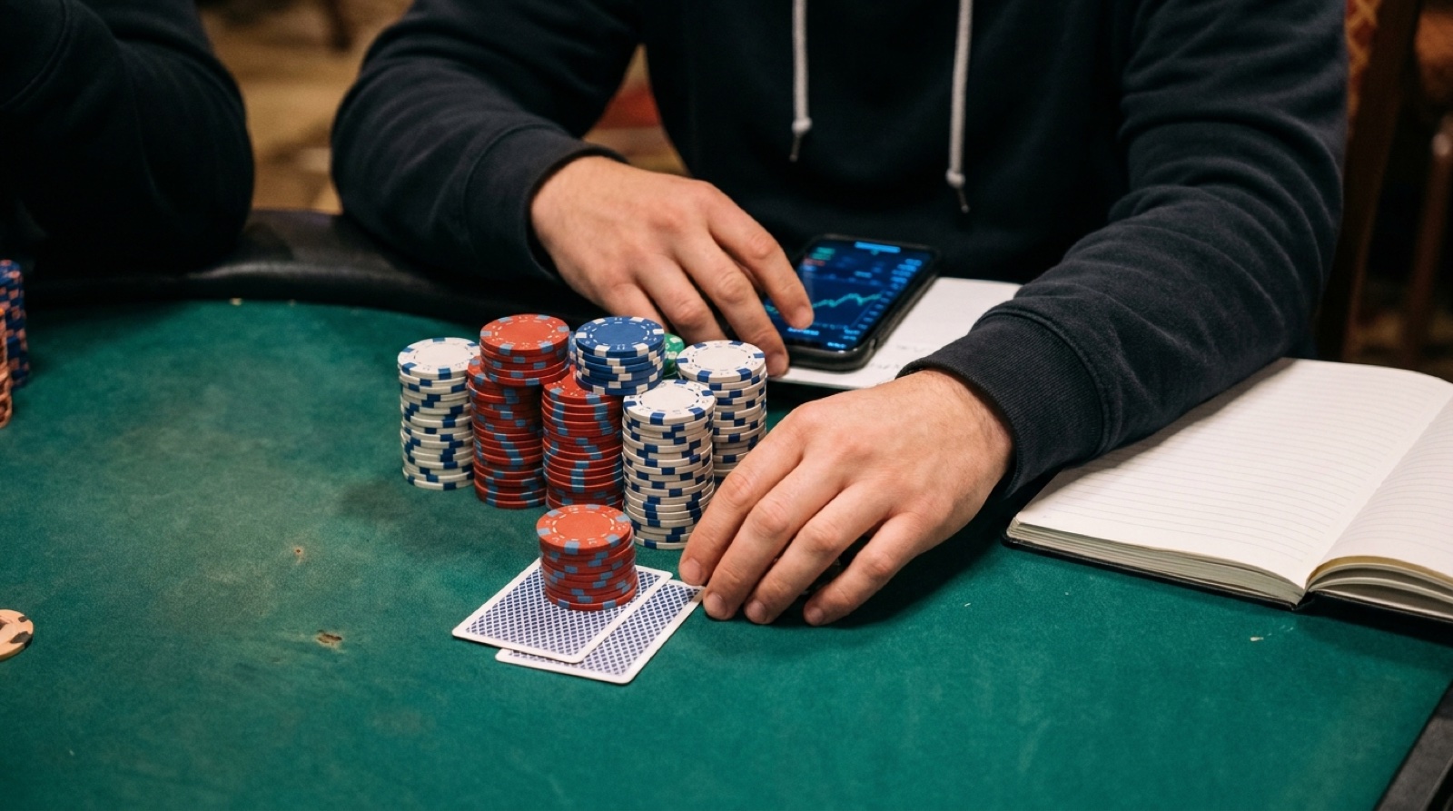 Deep stack bankroll planning with poker chips, cards, session notes, and a tracking phone