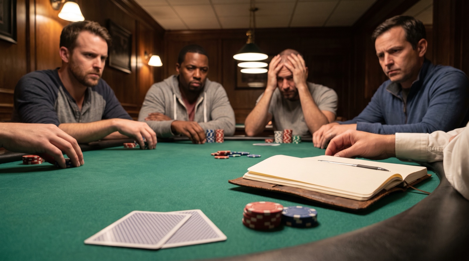 Satellite poker bubble spot with pocket aces, short stacks, chips, and bankroll notes