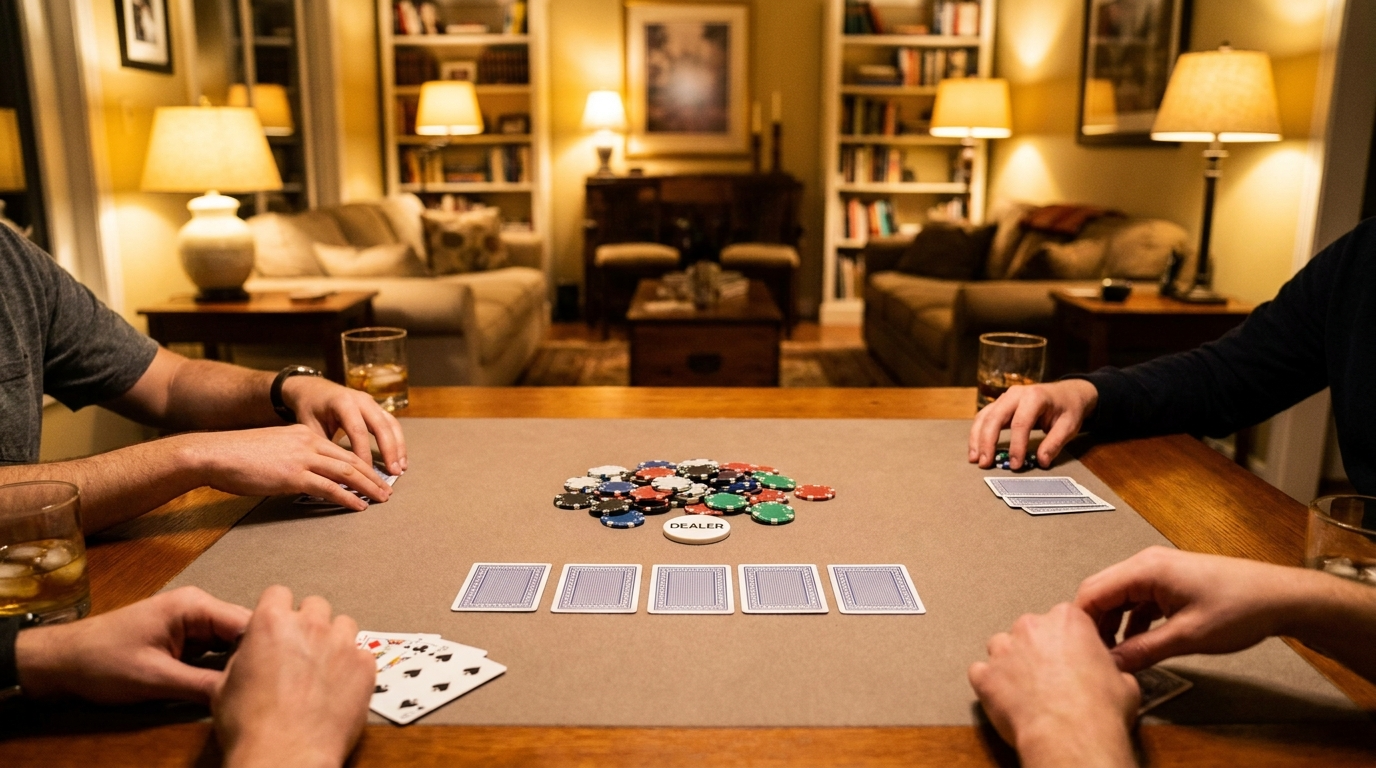 Home poker game table set up for a bomb pot with antes and two boards
