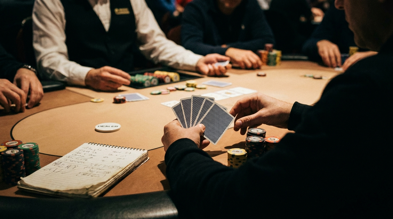 Five-card PLO poker table with chips and session notes