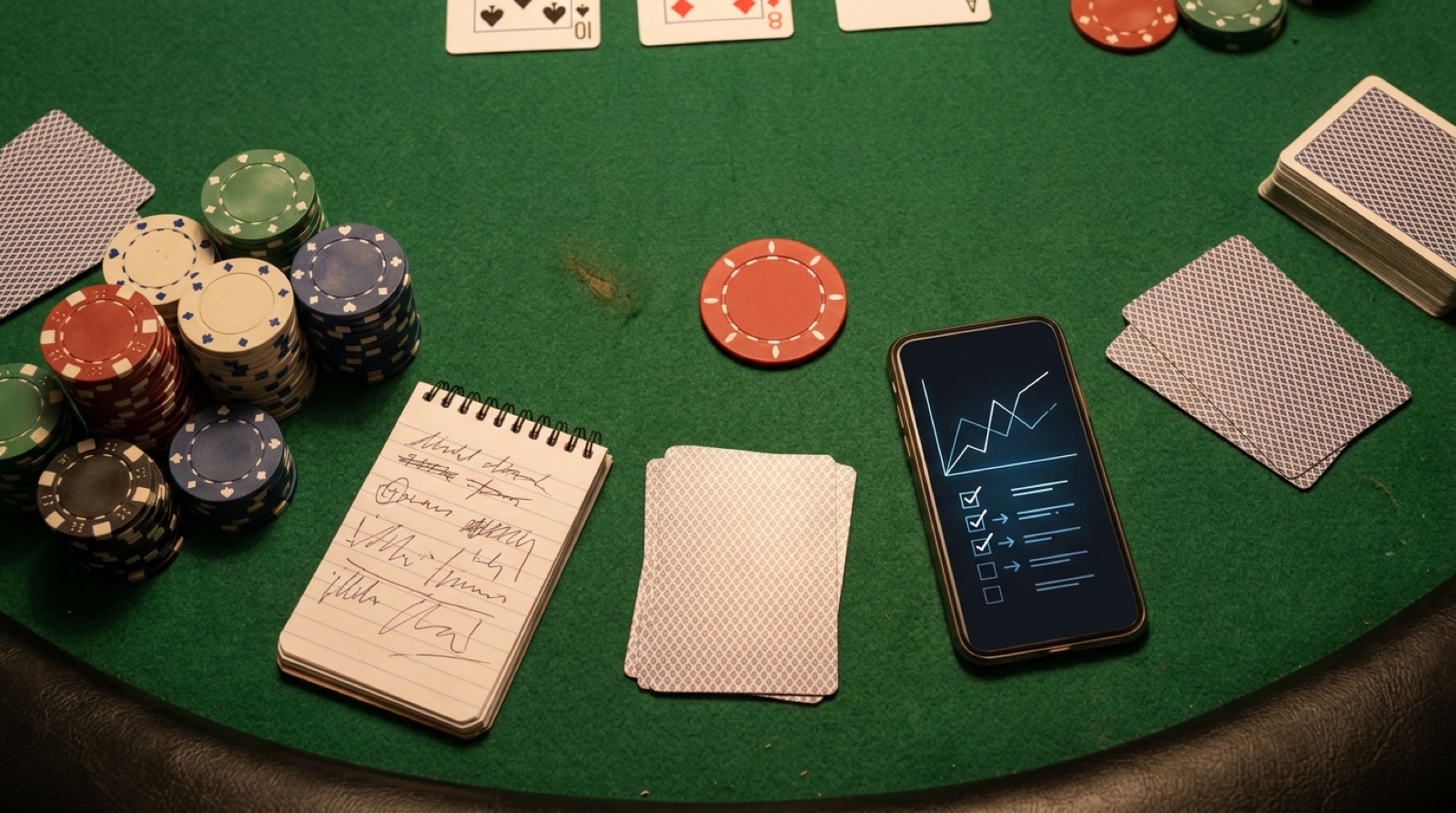 Live poker table with chips, cards, a bankroll tracking phone, and session notes