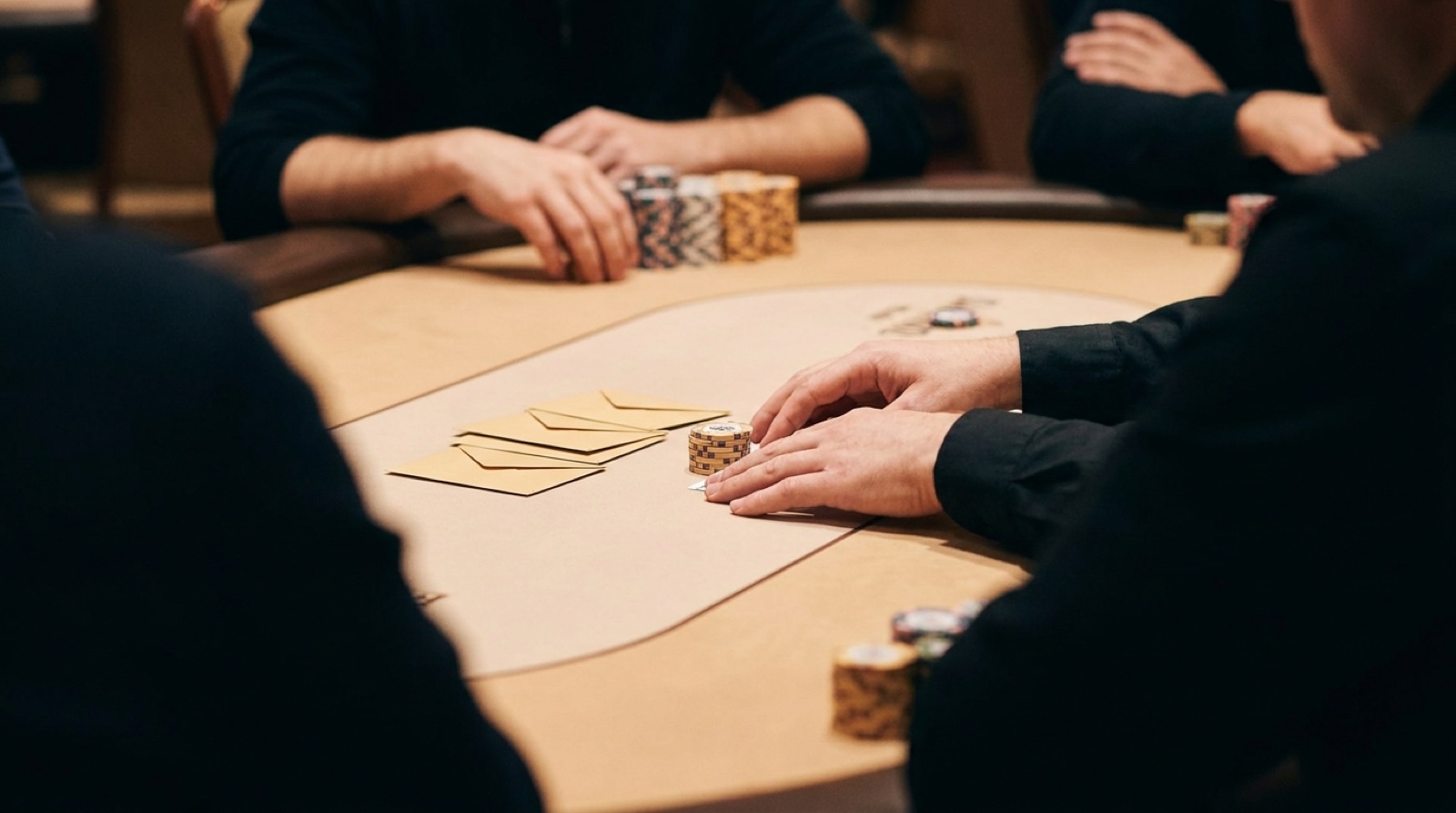 Mystery bounty tournament table with envelopes and poker chips