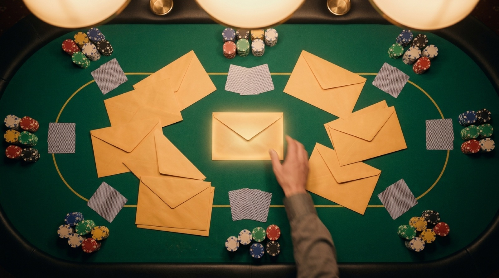 Mystery bounty poker table with chips, cards, and sealed envelopes
