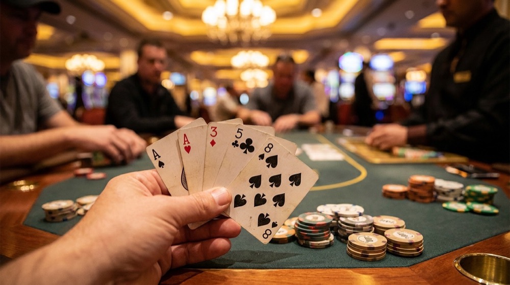 PLO5 hand with dry aces at a live poker table