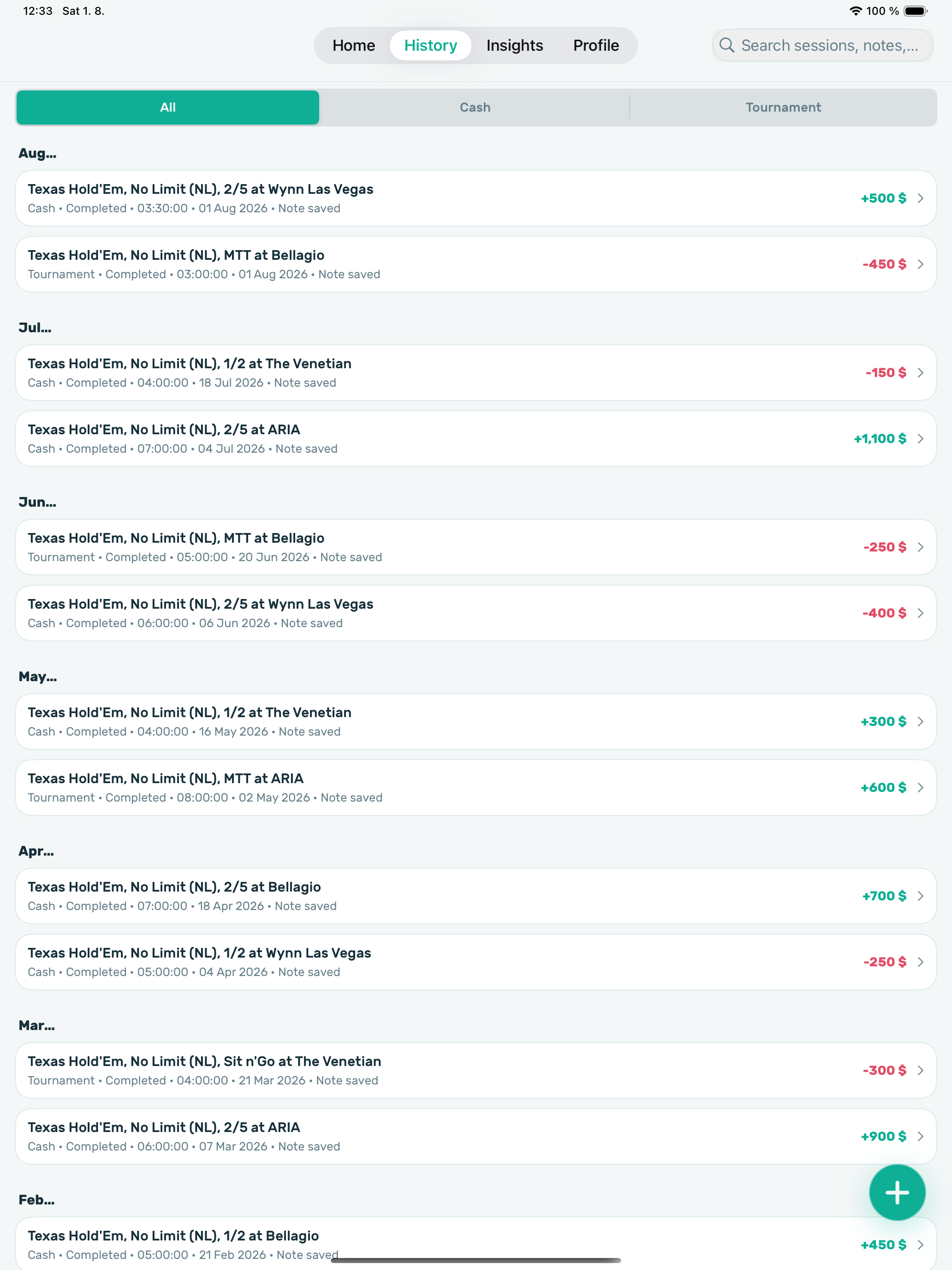 Poker Stack session history on iPad