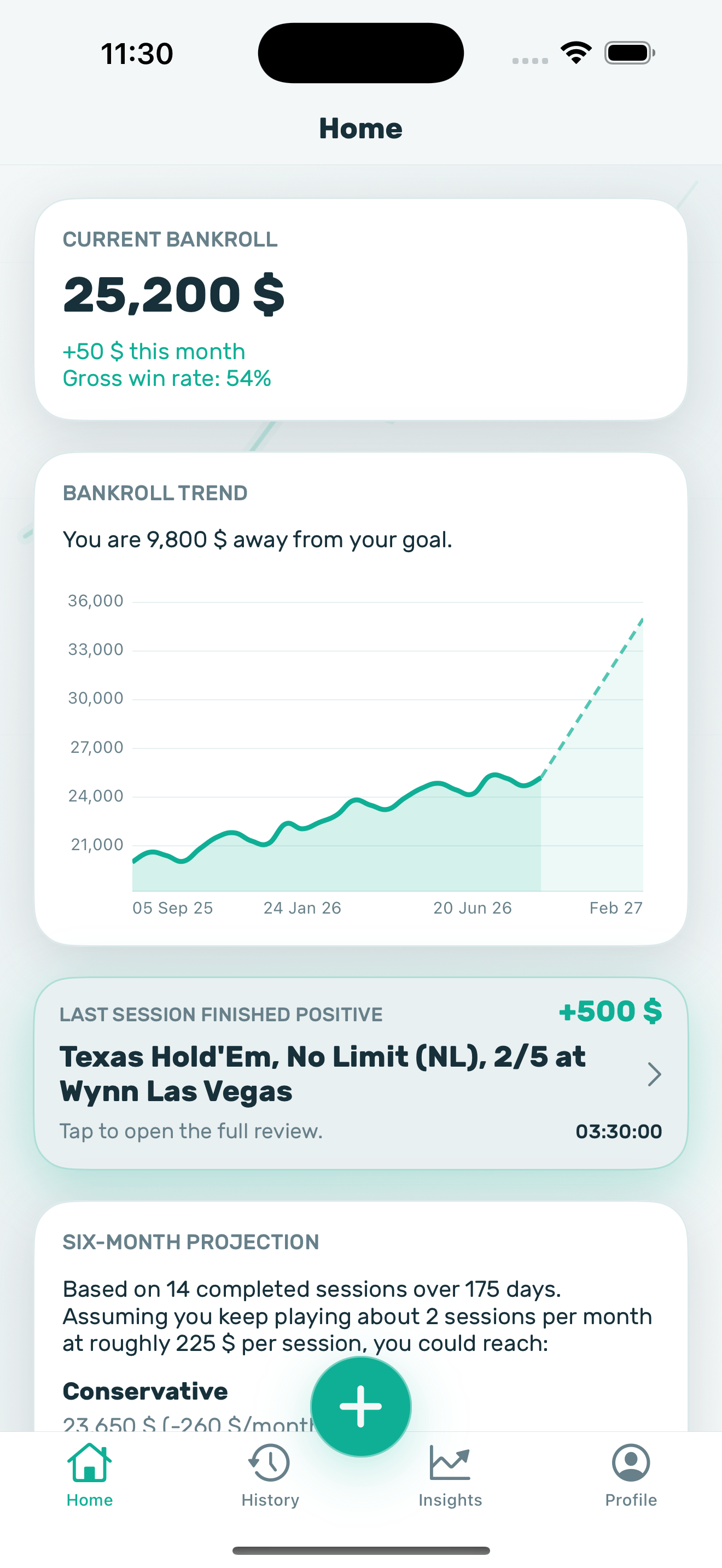 Poker Stack bankroll dashboard on iPhone