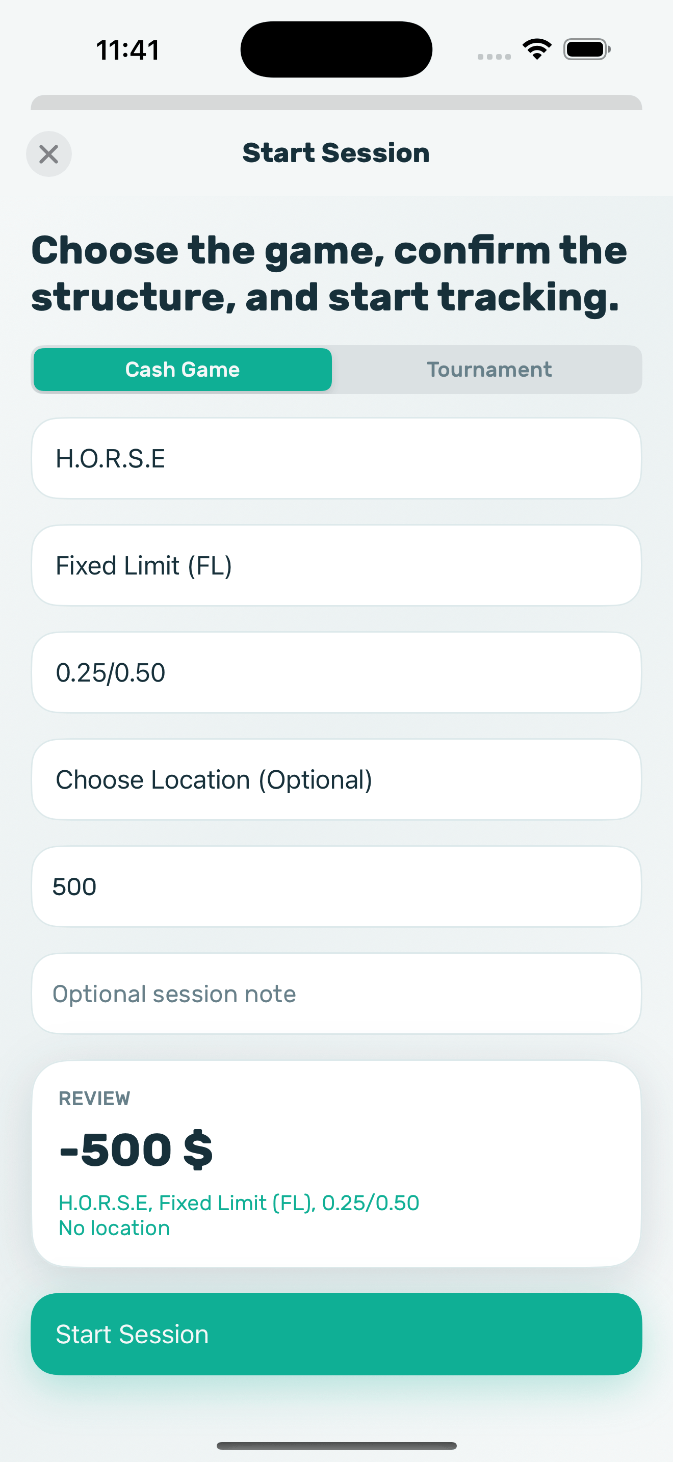 Poker Stack session entry screen on iPhone