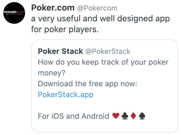 Poker.com testimonial image describing Poker Stack as a useful and well designed app for poker players