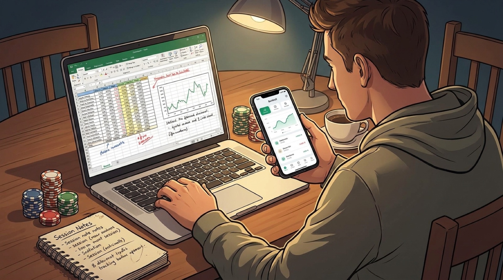 Poker player comparing a bankroll spreadsheet with a poker bankroll app