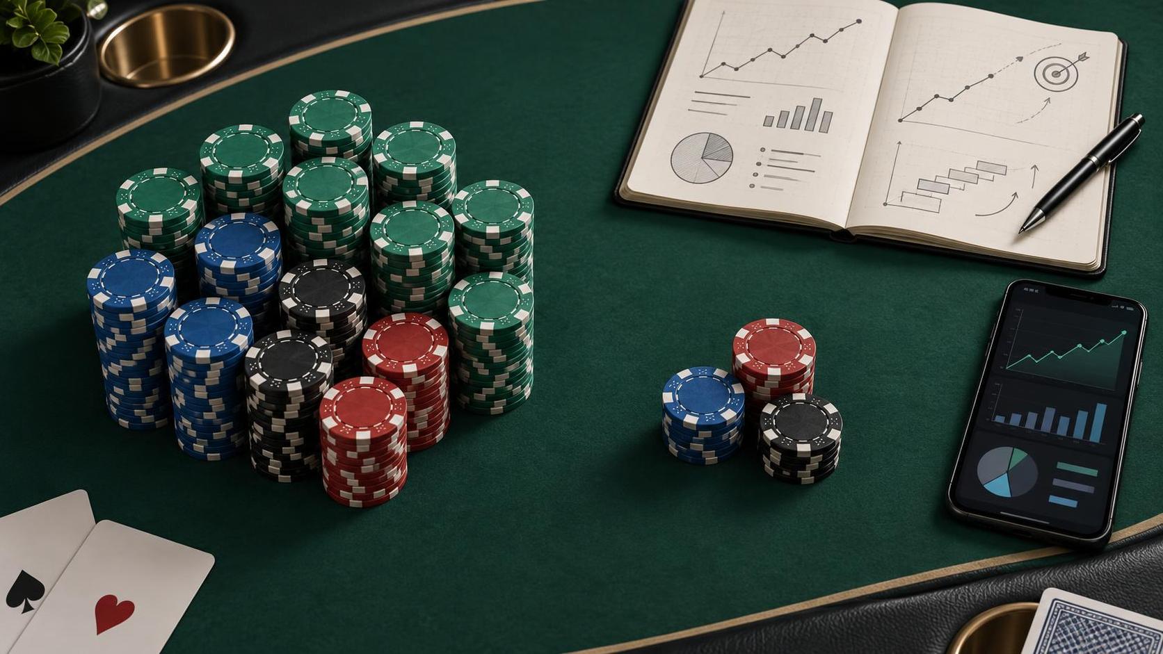 Poker bankroll split into a main roll and a controlled shot-taking stack beside cards and session notes