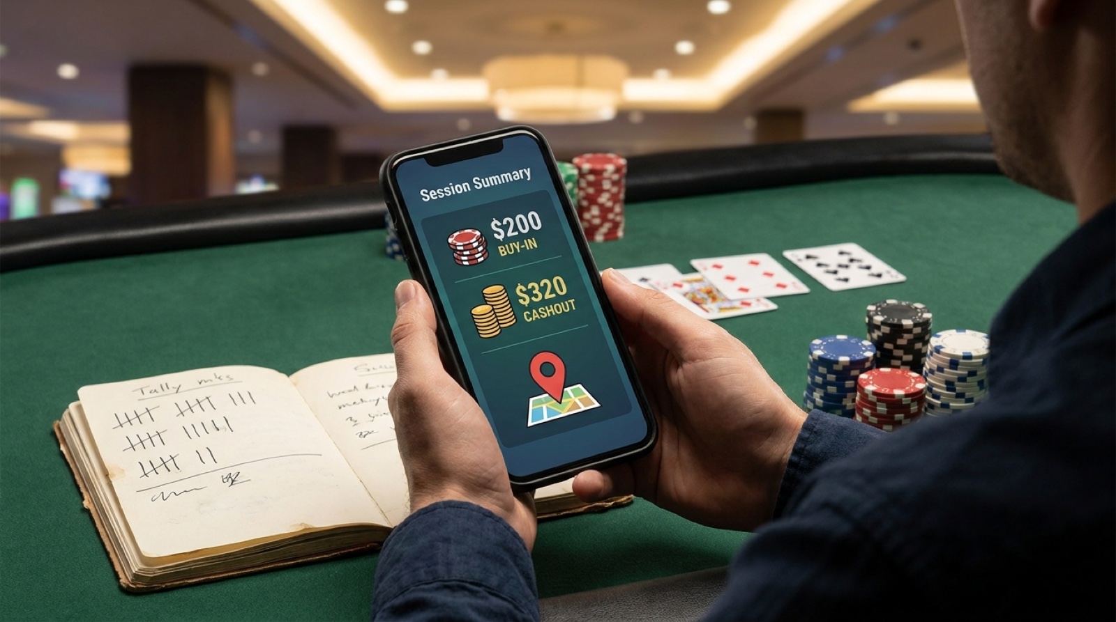 Live poker player recording buy-in, cashout, stakes, and notes after a session