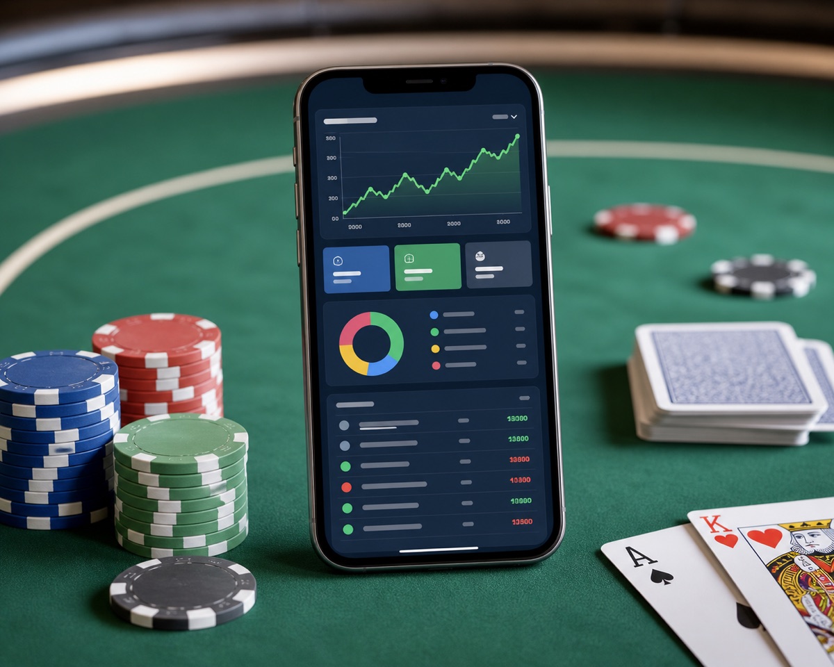 Poker bankroll tracker app dashboard on a phone beside poker chips and cards