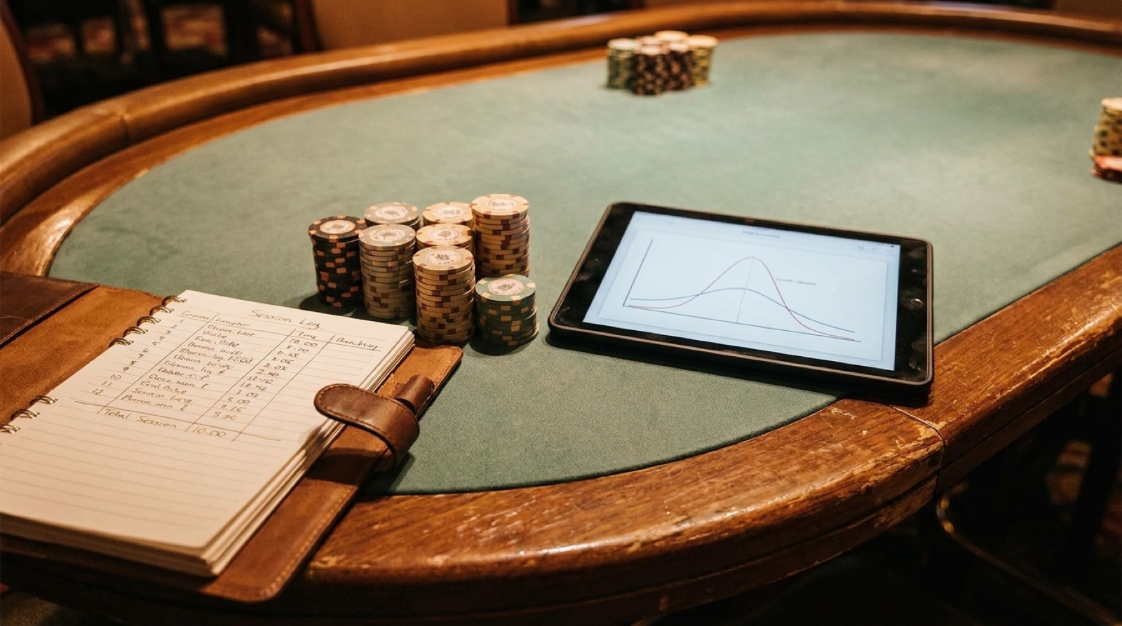 Poker bankroll tracker and variance calculator concept with chips, cards, session log, and variance chart