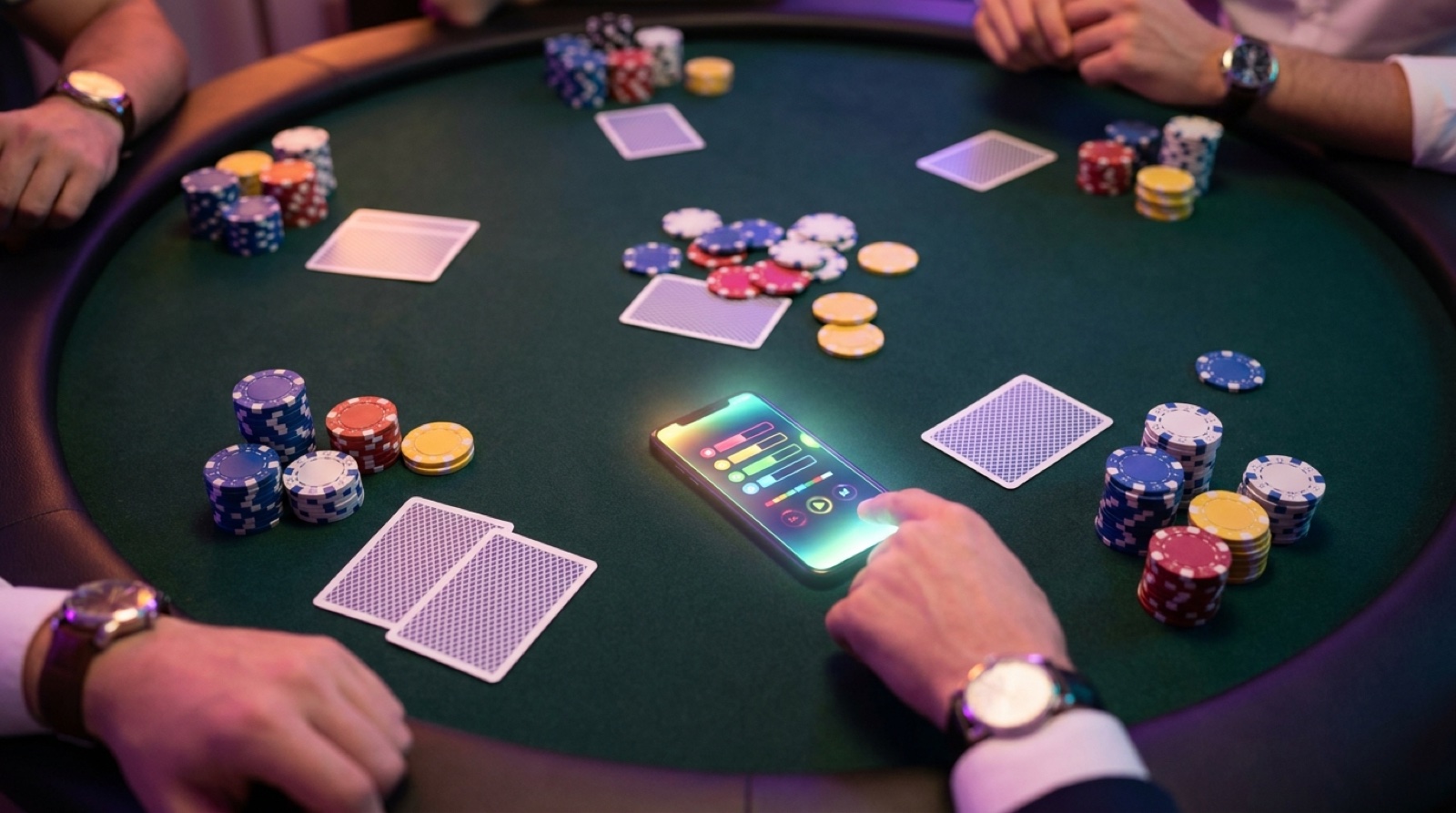 Poker table with chips and a phone showing a personality score