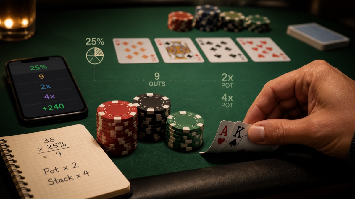 Poker chips, cards, and simple poker mental math notes on a live table