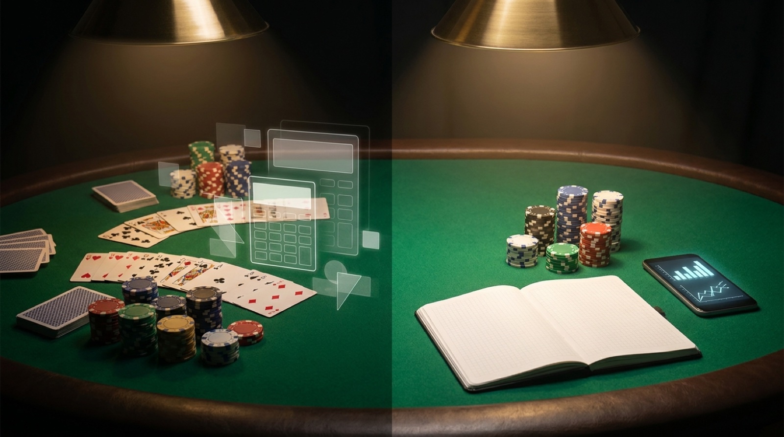 Poker odds calculator and bankroll tracker tools on a poker table