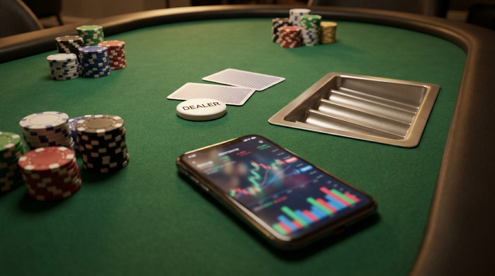 Poker chips, cards, a dealer button, and a bankroll tracking phone on a live poker table