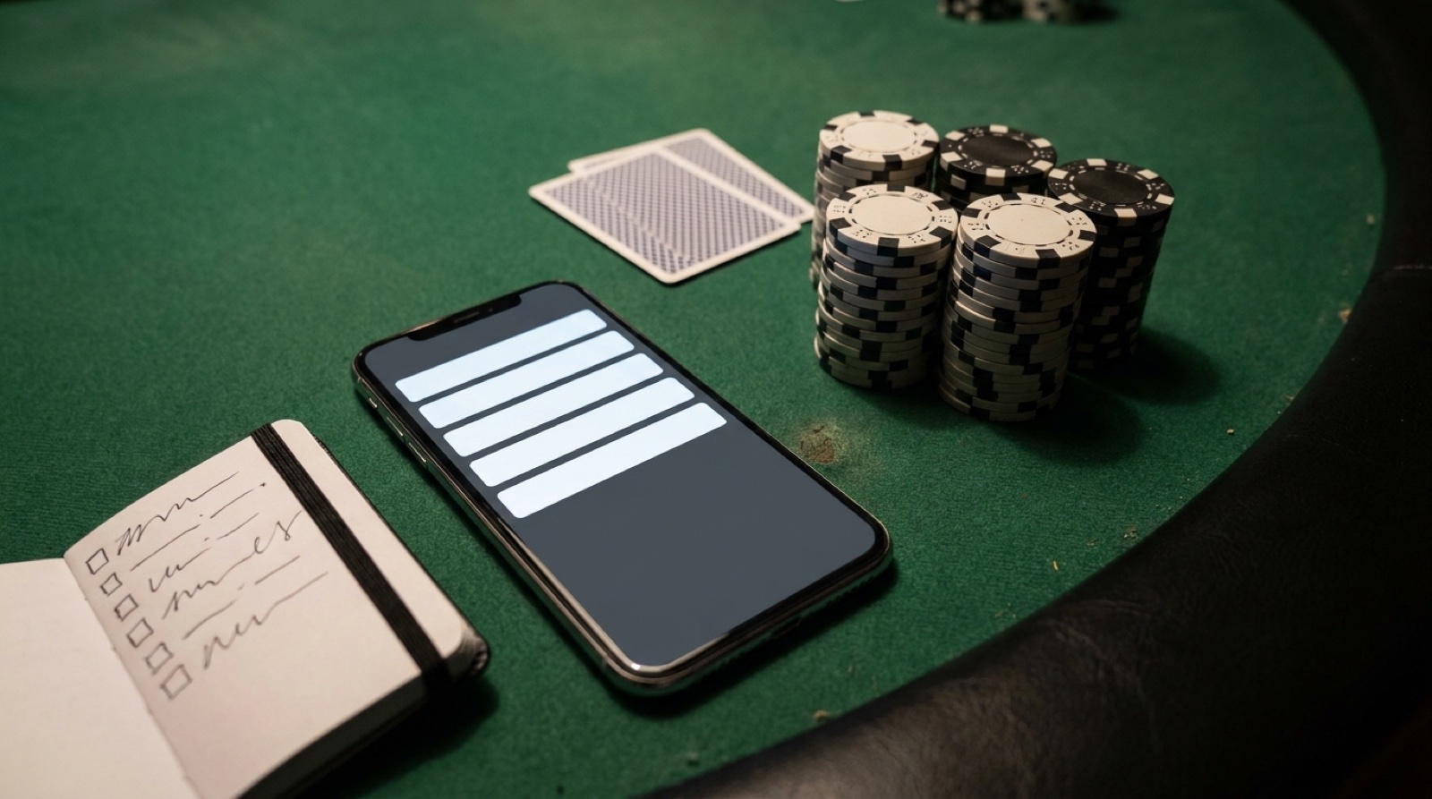 Poker session notes app on a phone beside chips, cards, and a short checklist