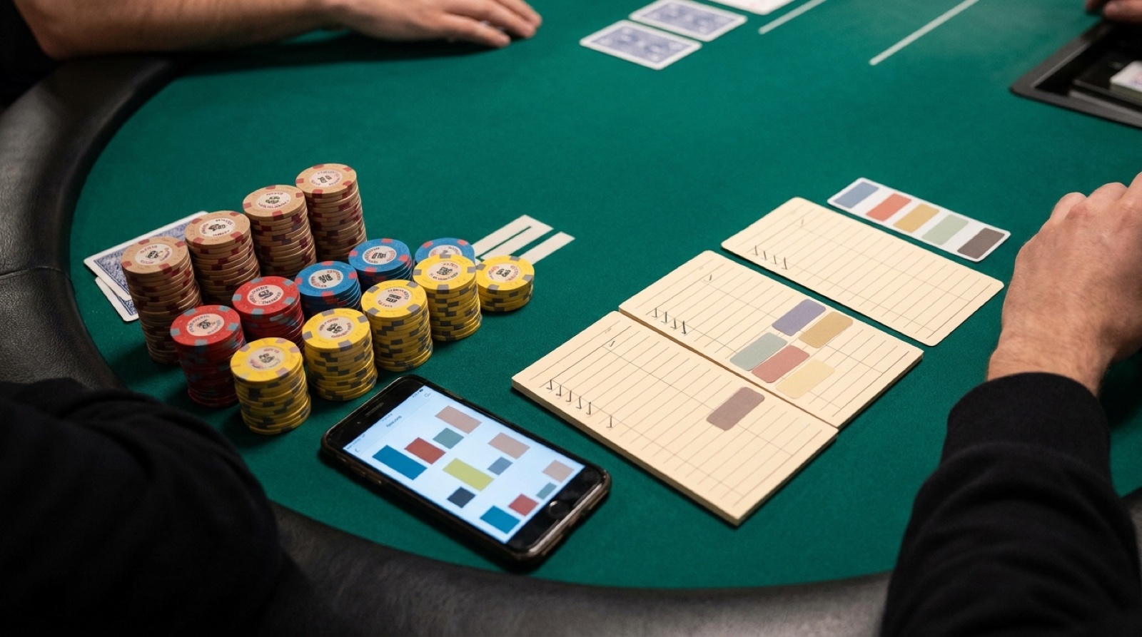 Poker staking tracker with split chip stacks, blank backing ledgers, and a session tracking phone