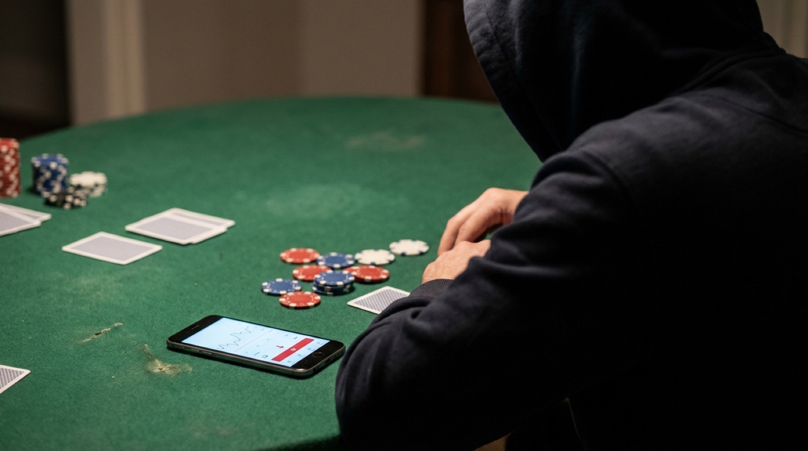 Poker player checking a stop-loss session tracker before leaving the table