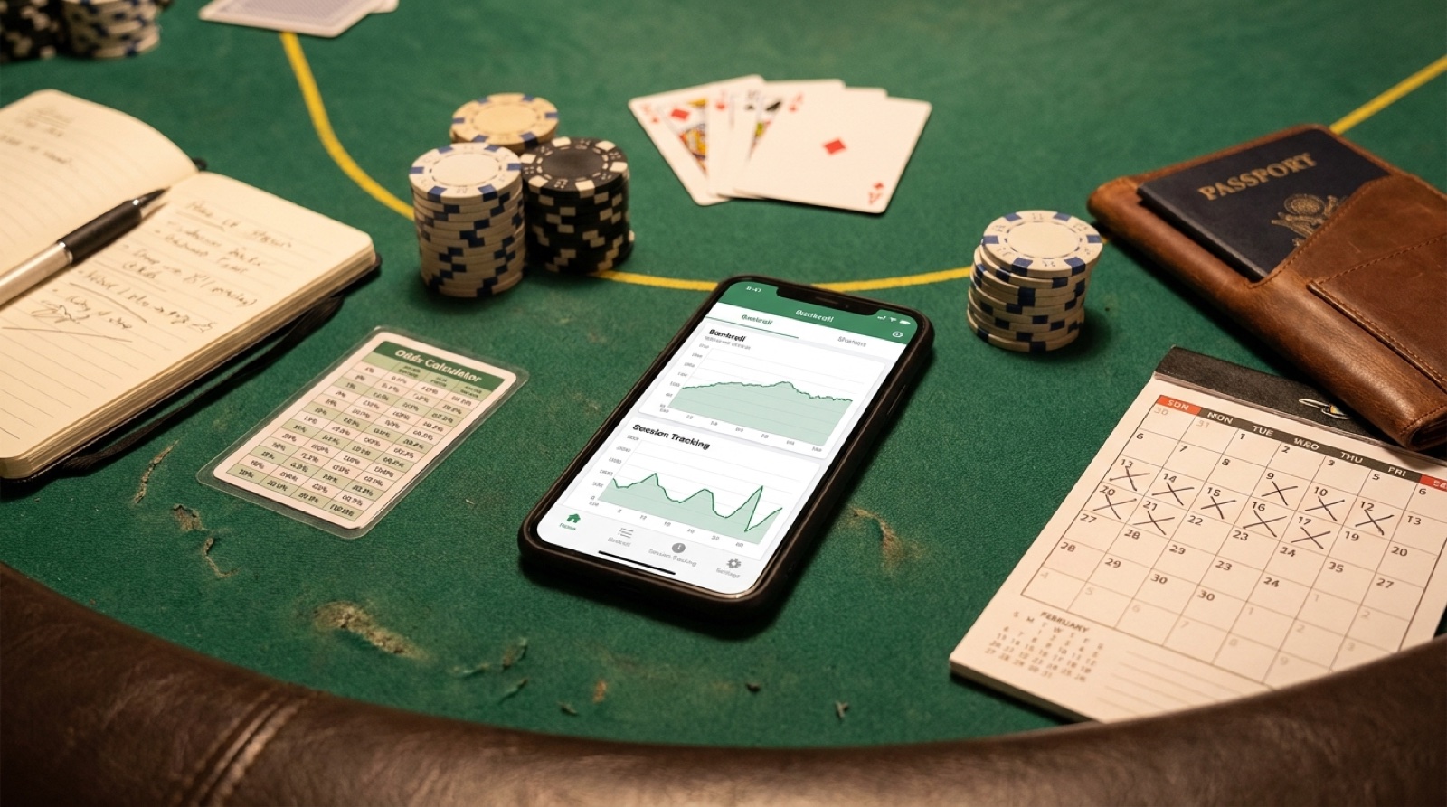 Live poker player's phone tool stack with chips, cards, session tracking charts, notes, and study tools