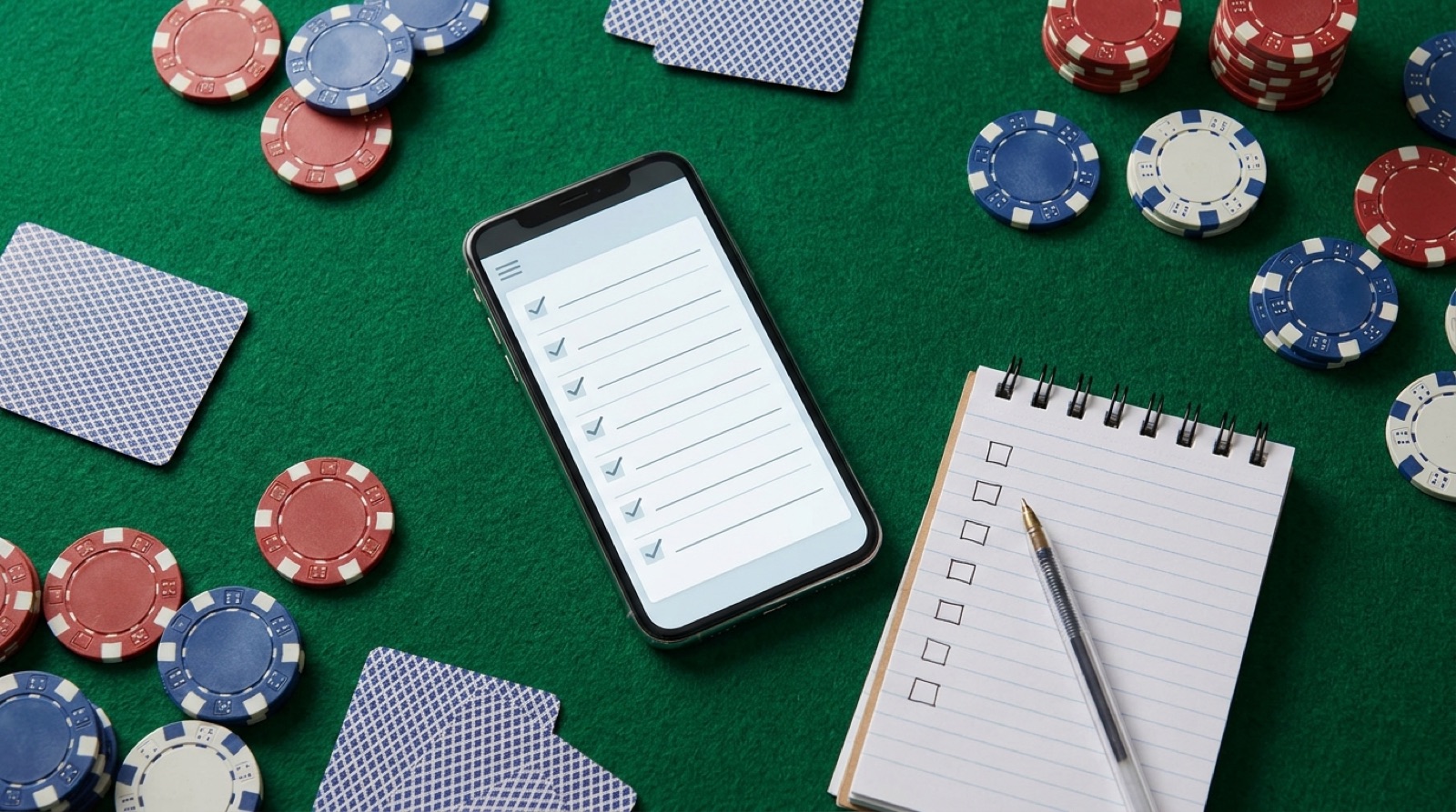 Poker tracker app checklist on a phone beside chips, cards, and blank session notes