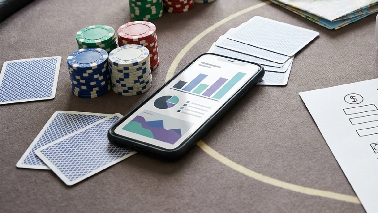Poker chips, cards, a bankroll tracking phone, and a blank trip budget worksheet