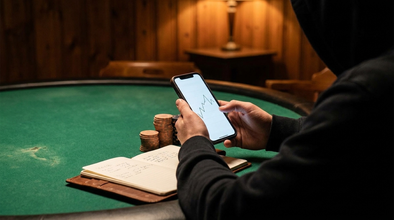 Poker player reviewing bankroll variance on a phone beside chips and session notes