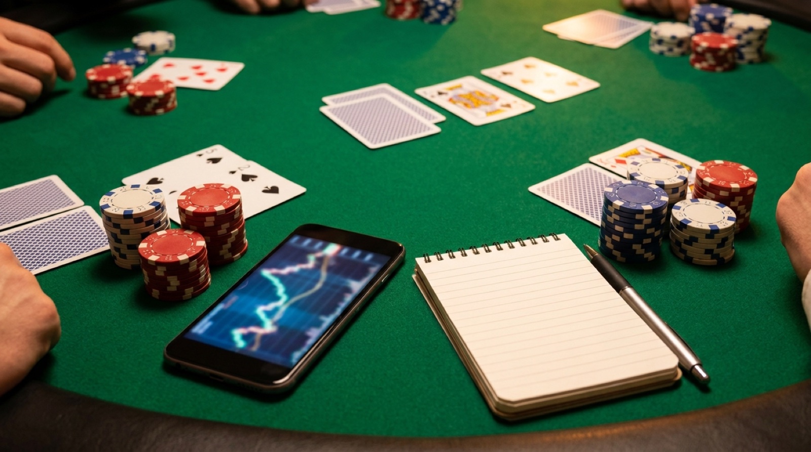 Live poker table with chips, cards, a bankroll tracking phone, and blank session notes for reviewing win rate sample size