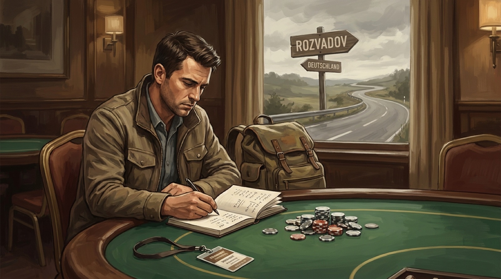 Poker player tracking bankroll notes during a Rozvadov poker trip