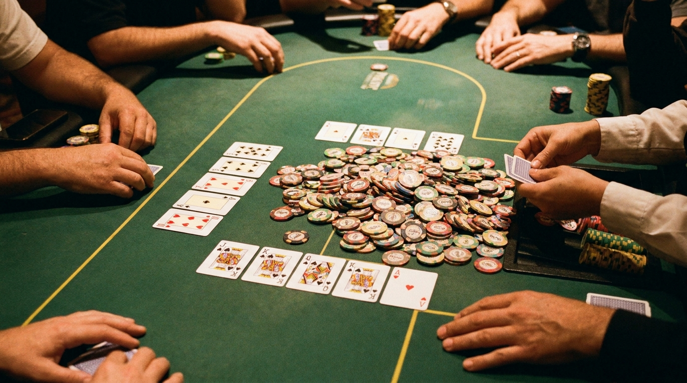 Double board bomb pot poker table with two boards and a large central pot