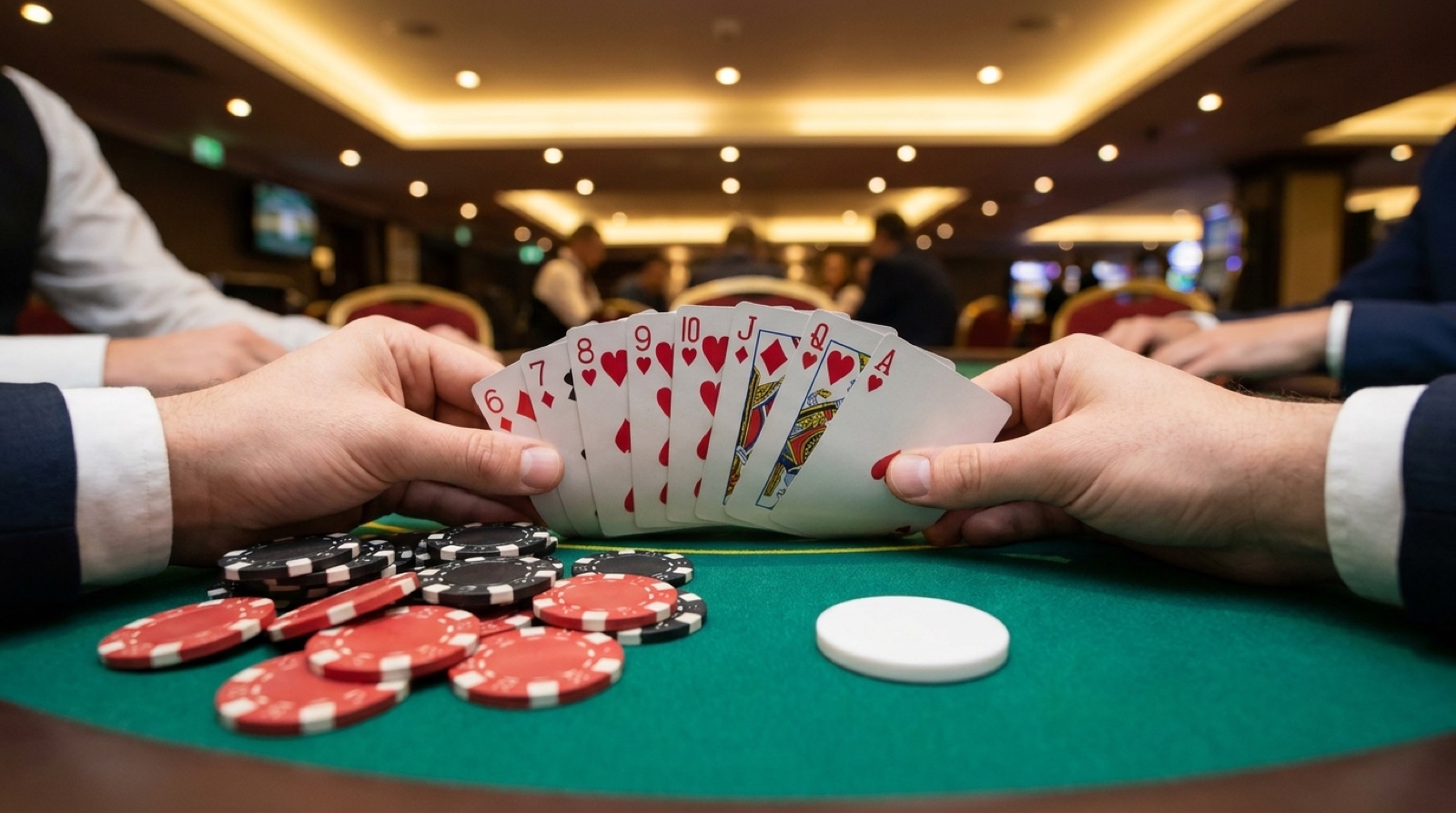 Short deck poker table with high cards and casino chips