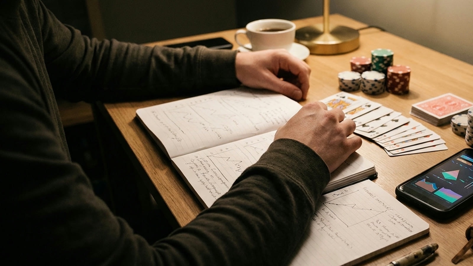Poker player reviewing hand notes, cards, chips, and bankroll tracking after a session