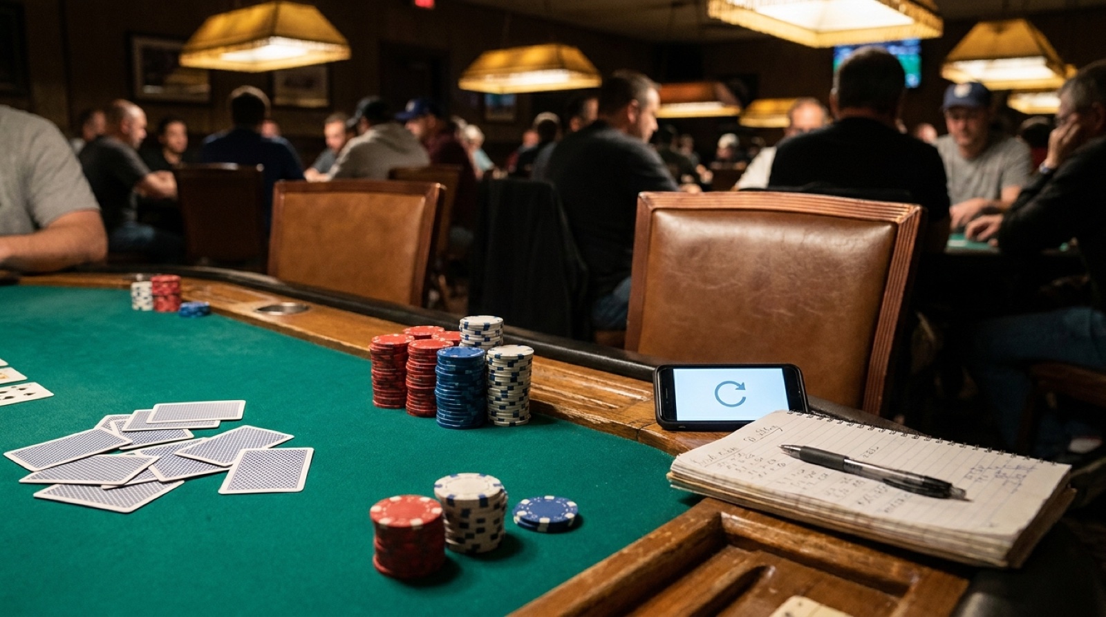 Live poker table with an empty seat, chips, cards, and a bankroll tracking notebook