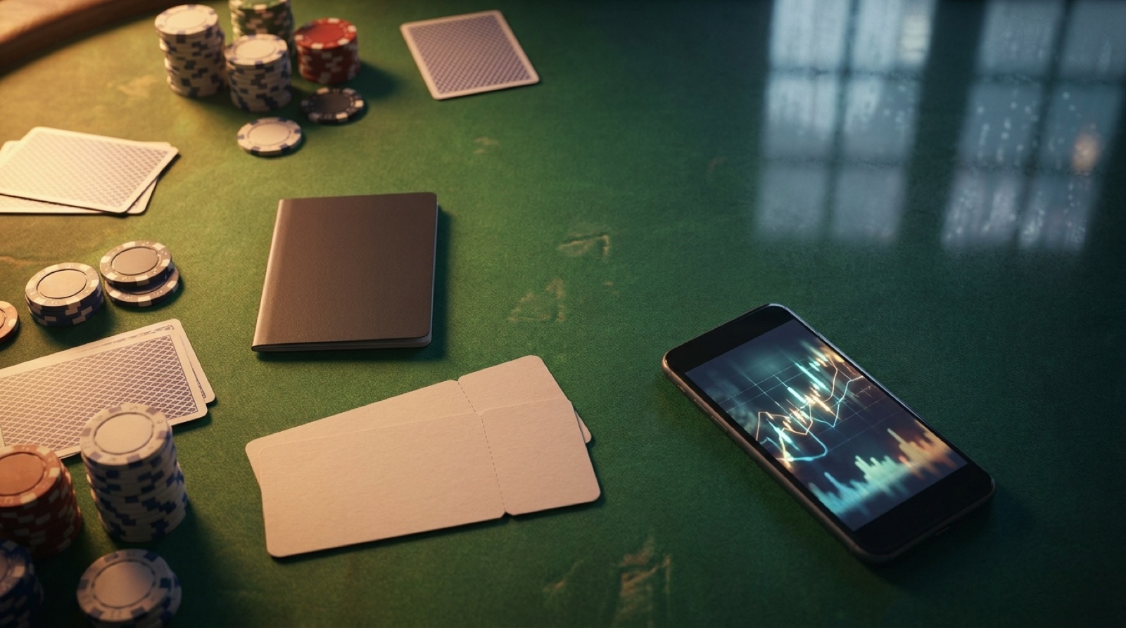Poker table with chips, blank travel papers, and a bankroll tracking phone for a Malta or UK poker move