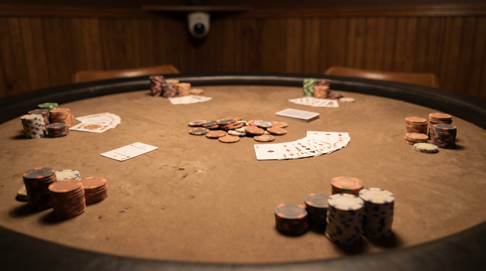 Texas poker room table with chips, cards, seat-time tracking, and security camera