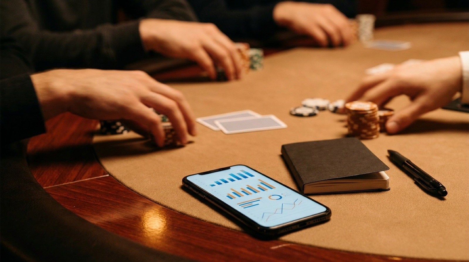 Phone and notebook used to track a live poker session beside chips and cards