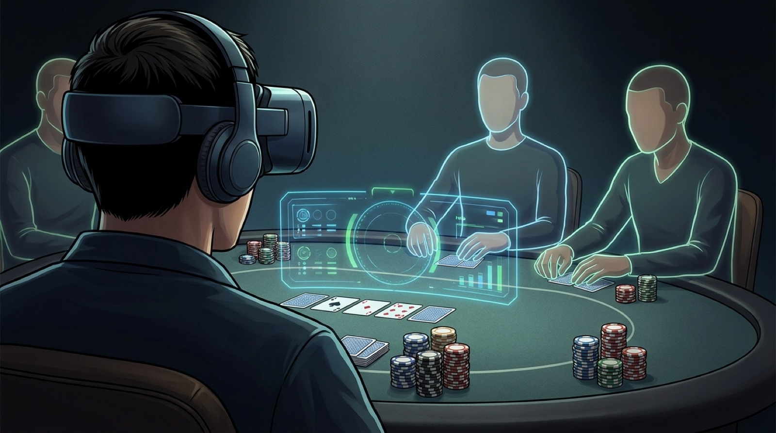 Poker player using a VR headset at a virtual poker table with chips and cards