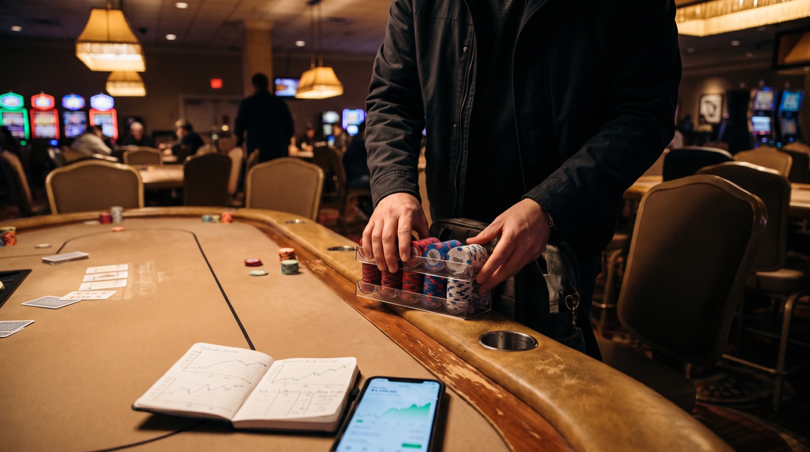 Poker player racking up chips after a winning session with session notes and a bankroll tracking phone